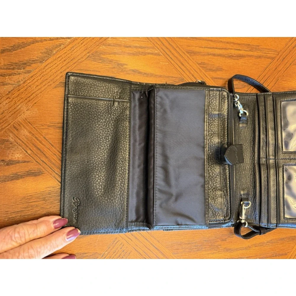 Ladies BRIGHTON Crossbody Organizer Clutch Wallet - Black Leather & Heart Fabric